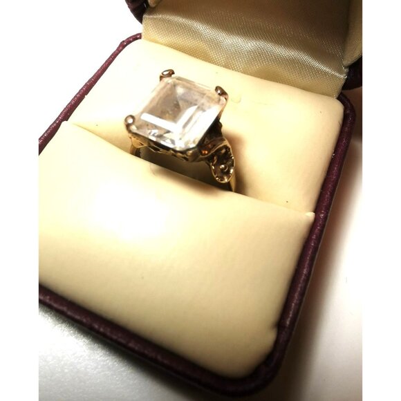 Vintage 10k Gold Ring Large Emerald Cut Quartz Gemstone by Samuel Aaron Jewelery - Picture 1 of 10